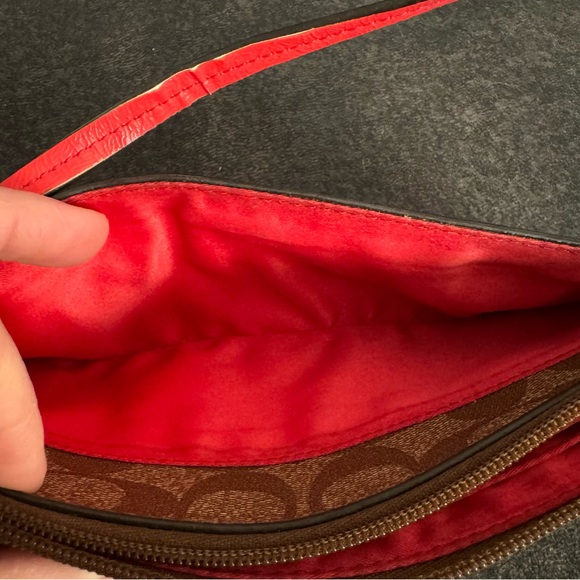 Classic Coach brown with orange accents, large pouch wristlet,inside/out zippers - Picture 6 of 11